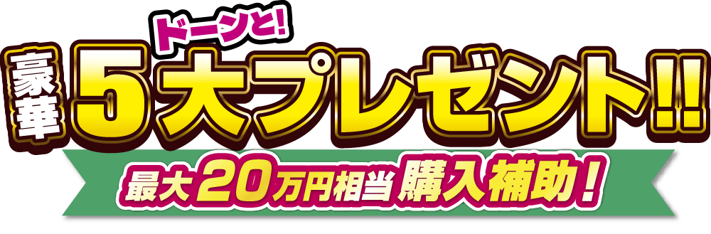 豪華5大プレゼント！最大20万円相当購入補助！※【特典1】マックカード3,000円分と【特典２】JCBギフトカード5,000円分を含め20万円の購入補助。